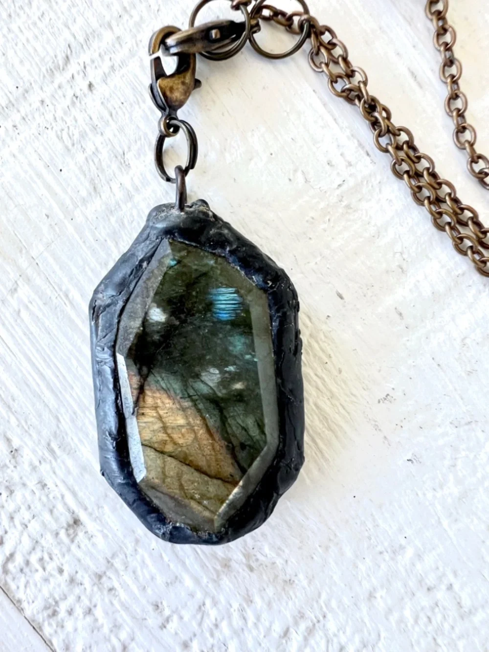 Long Chain Necklace with Labradorite Stones and Medallion